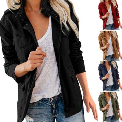 Γυναικείο μονόχρωμο μονόχρωμο γυναικείο μπουφάν με φερμουάρ με κουμπιά με πολλές τσέπες