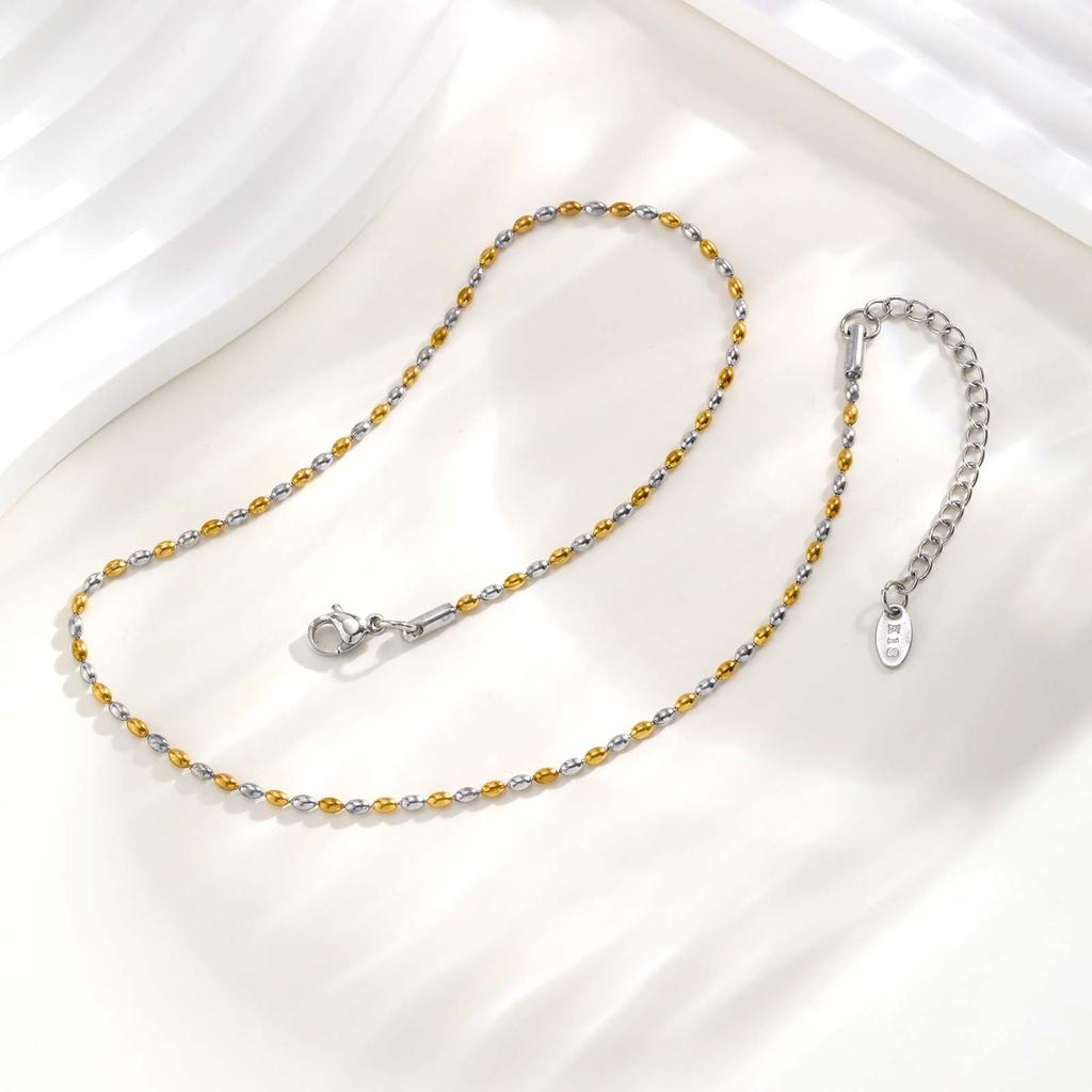 18K Gold Plated Two Tone Oval Beaded Chain Necklace for Women, Stainless Steel Clavicle Choker Necklace, Fashion Jewelry Gift