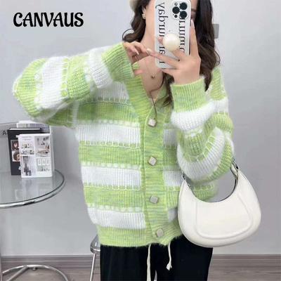 Herbst- und Winter Damen Strickjacke Einfarbig Gestreift Gespleißt V-Ausschnitt Gestrickte Pulloverjacke