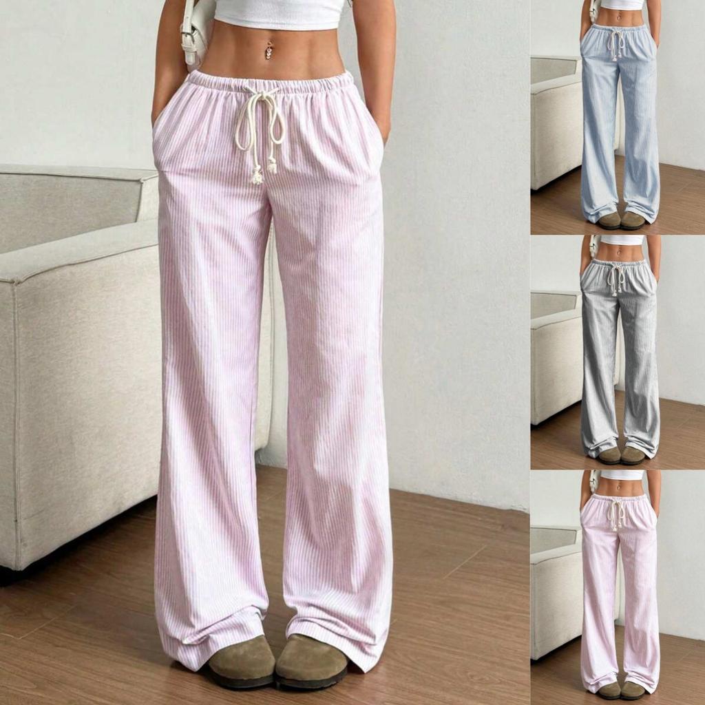New Summer Striped Straight Trousers  Casual  Versatile  Lace-up  Fashionable  Loose  Wide-legged for Women