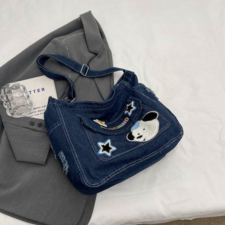Korean Versi Carto Embroidered Washed Denim Bag for Students One Shoulder Crossbody Tote Bag, Casual and Simple Women's Bag