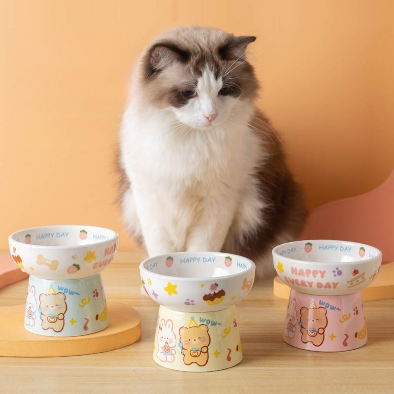 Cute Cartoon Ceramic Pet Bowl High Foot Neck Protection Flat Mouth Bowl Super Large Arc Structure