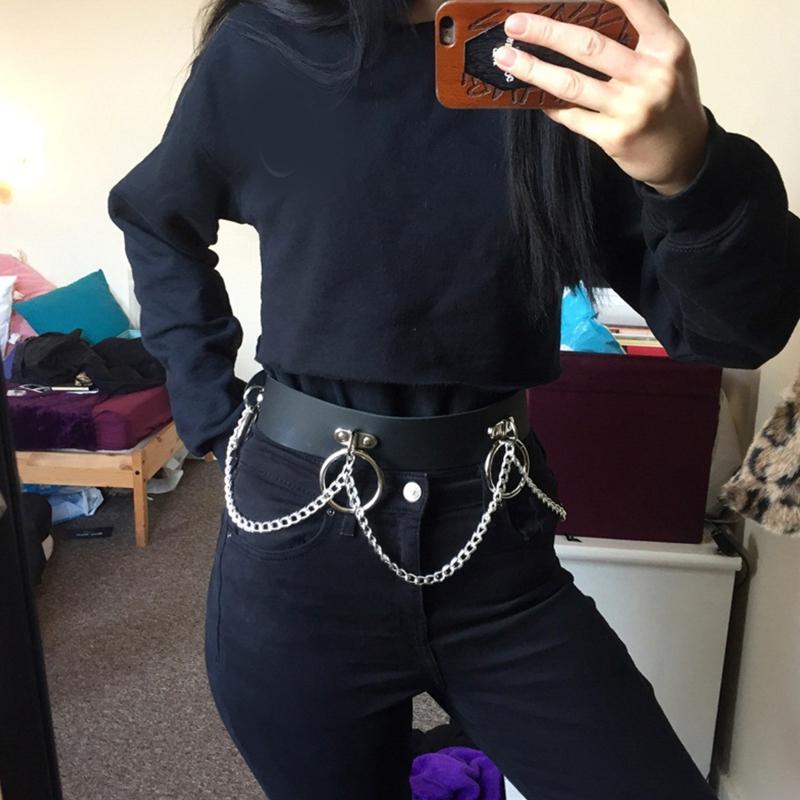 Gothic Waist Chain Alloy and PU Leather Body Chains with Rounded Circle Decor Body Straps Accessories for Women and Girl