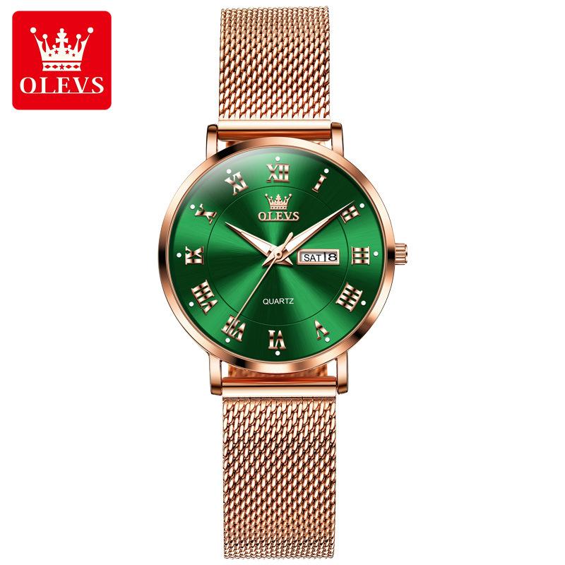 OLEVS Wasserdichte Quarzuhr für Frauen mit Doppelkalender, Milanese-Stahlarmband, Damen-Handuhr, luxuriöse Original-Kleideruhren