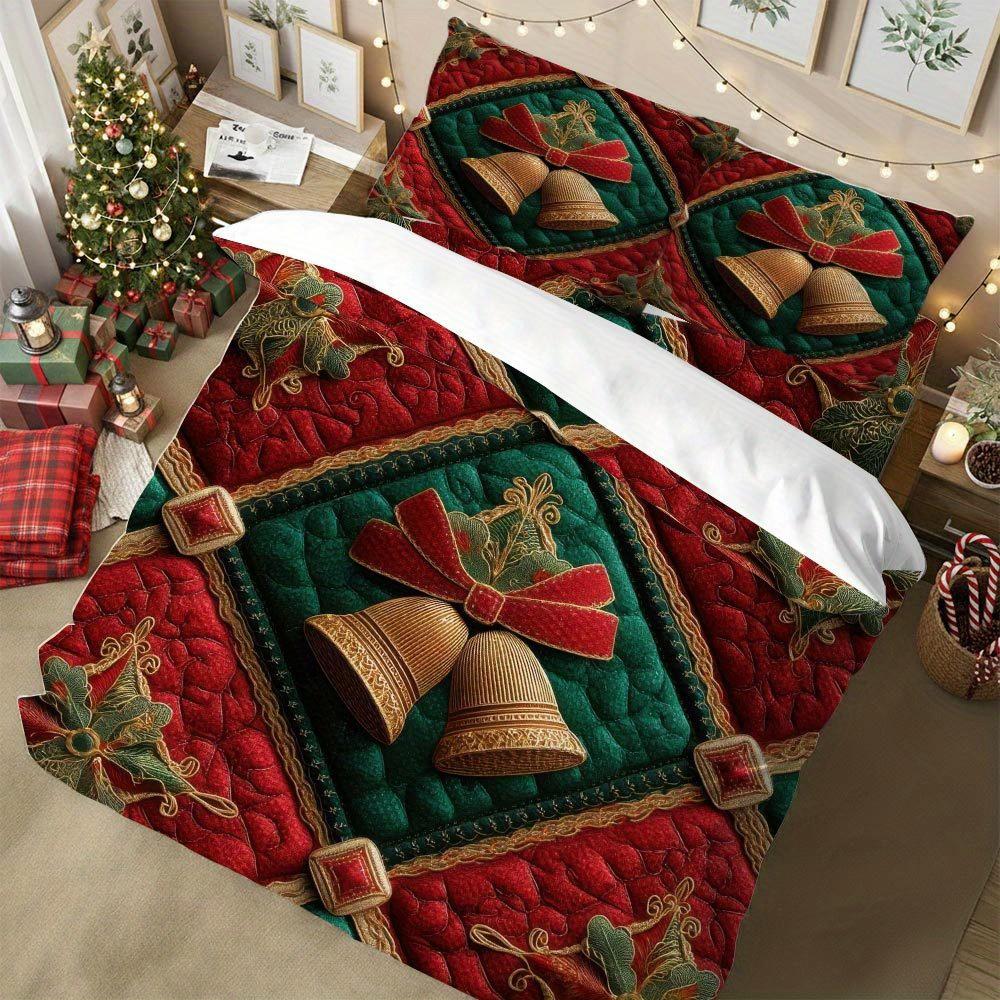 LIFESMELLS 2/3pcs Christmas Bedspread Set - Red/Green/ Holly & Bells Bedding Set, Zippered Winter Comforter Cover