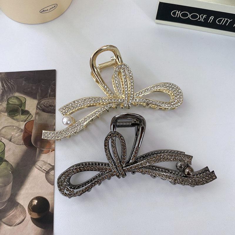 Luxury Black Crysyal Bow Hair Clasp Clip Fashion Large Hairpins Crab Barrettes Hairgrip Korean Hair Claw For Women Hair Accessories