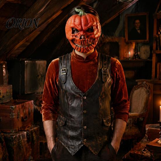 Realistic Horror Movie Masque Scary Pumpkin Halloween for Adults, Full Face Cosplay Retro Red Black Costume, Creepy Foam Party Prop Costume Headgear