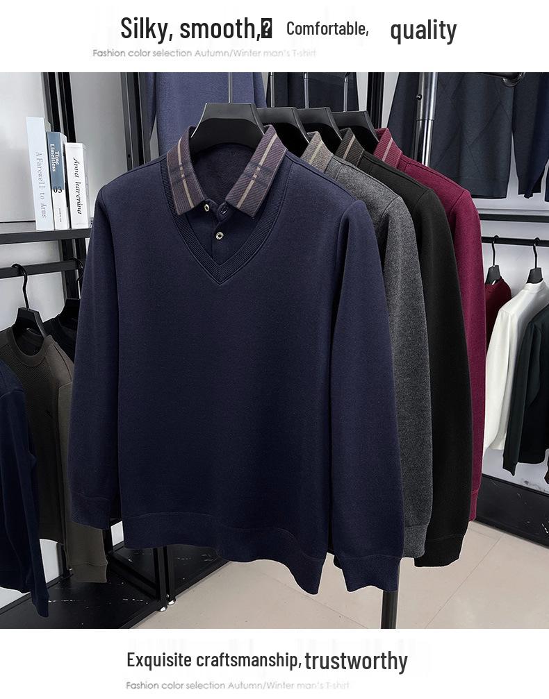 Men's Winter Thickened Knit Sweater with Lapel - Business Casual, Plus Velvet, Fake Two-Piece Design