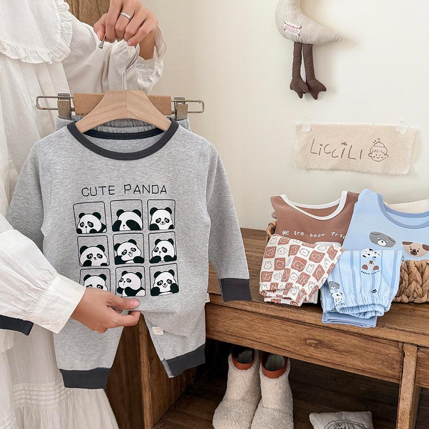 Children's Cozy Velvet Cotton Long Johns and Pajama Set for Autumn and Winter, Seamless and 320G Thickened, Class A Quality.