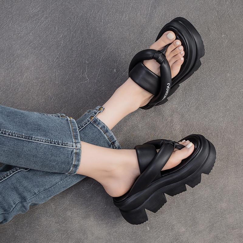 Fashion GKTINOO Thick Soled Sheepskin Flip Flops Leather Fashion Sandals Slippers Mary Jane Platform Women Summer Flats Loafer Shoes
