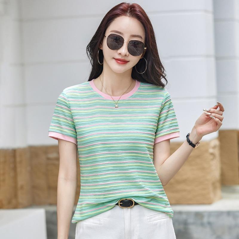 Summer Color-blocking Striped Short-sleeved T-shirt, Summer Dopamine Loose Slimming Plus-size Cover-up Top