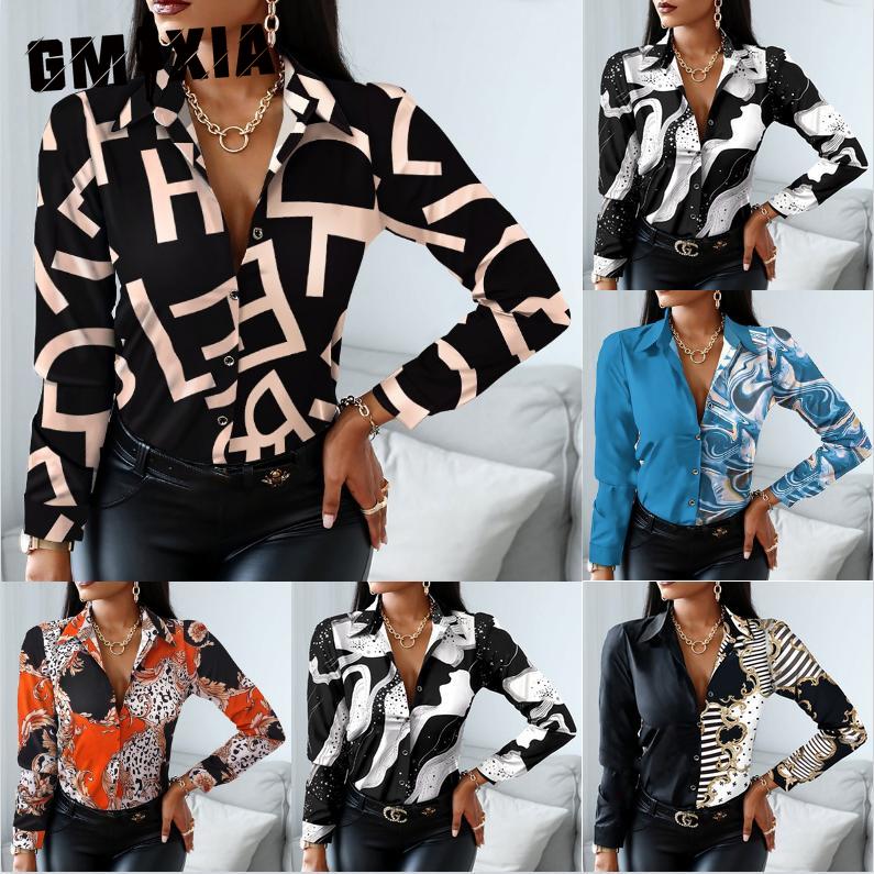 GMXIA Women's Fashion Casual Solid Color Print Long Sleeve POLO Neck Blouses & Shirts