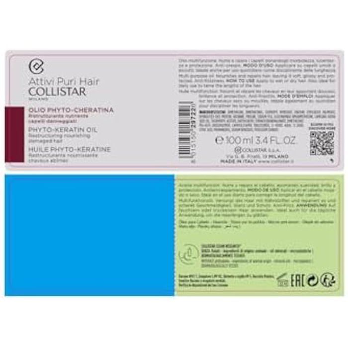 Huile - COLLISTAR - Olio Phyto-Cheratina - 100ml - Hydratant - Tous Types De Cheveux