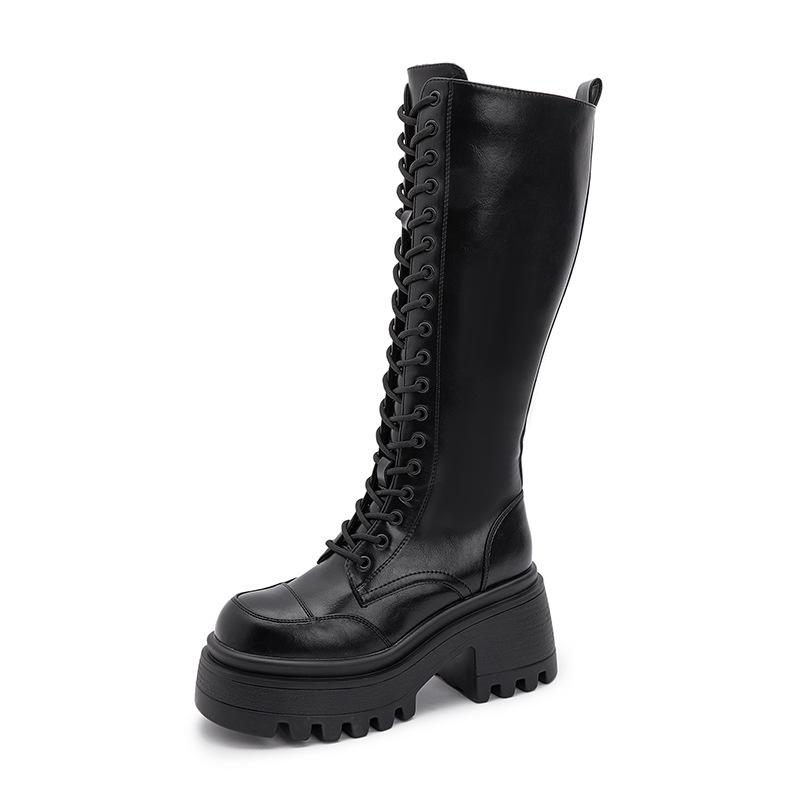 Thick-soled Knight Boots Women's 2025 Autumn and Winter New Black Heightening Boots Versatile Lace-up Boots Fashion Women's Boots Trend