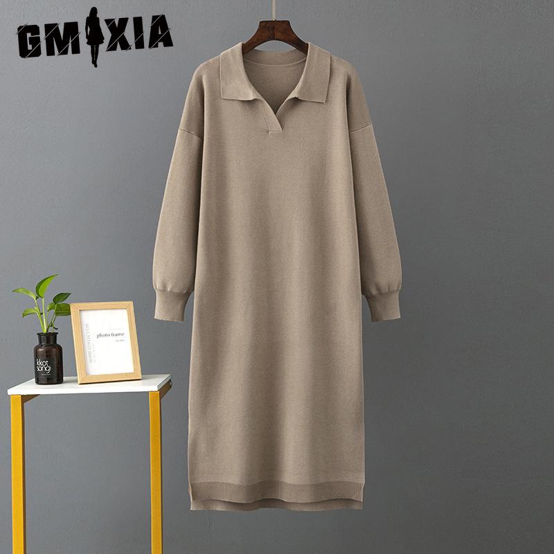 GMXIA Women's Autumn Winter Knitted Loose Large Solid Color Polo Collar Dresses with Lining