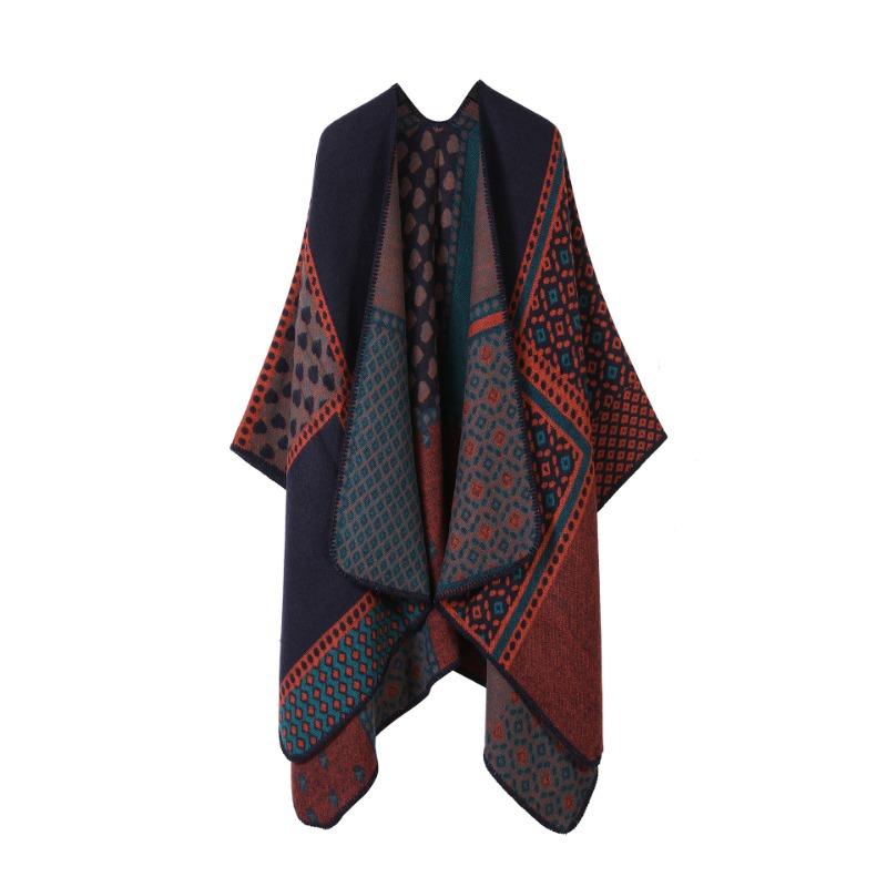 Vintage Geometric Diamond Print Open Front Poncho Cape Thick Knit Travel Blanket Wrap Shawl