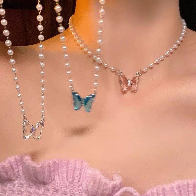 

Pink Crystal Butterfly Pearl Choker Necklace - Luxury Summer Style for Women