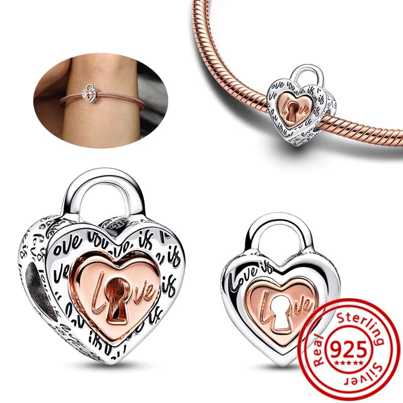 New 925 copper Love Lock Key Padlock Happiness Double Dangle Charm Heart DIY Beads Fit Original Pantaro Bracelet Fine Zircon