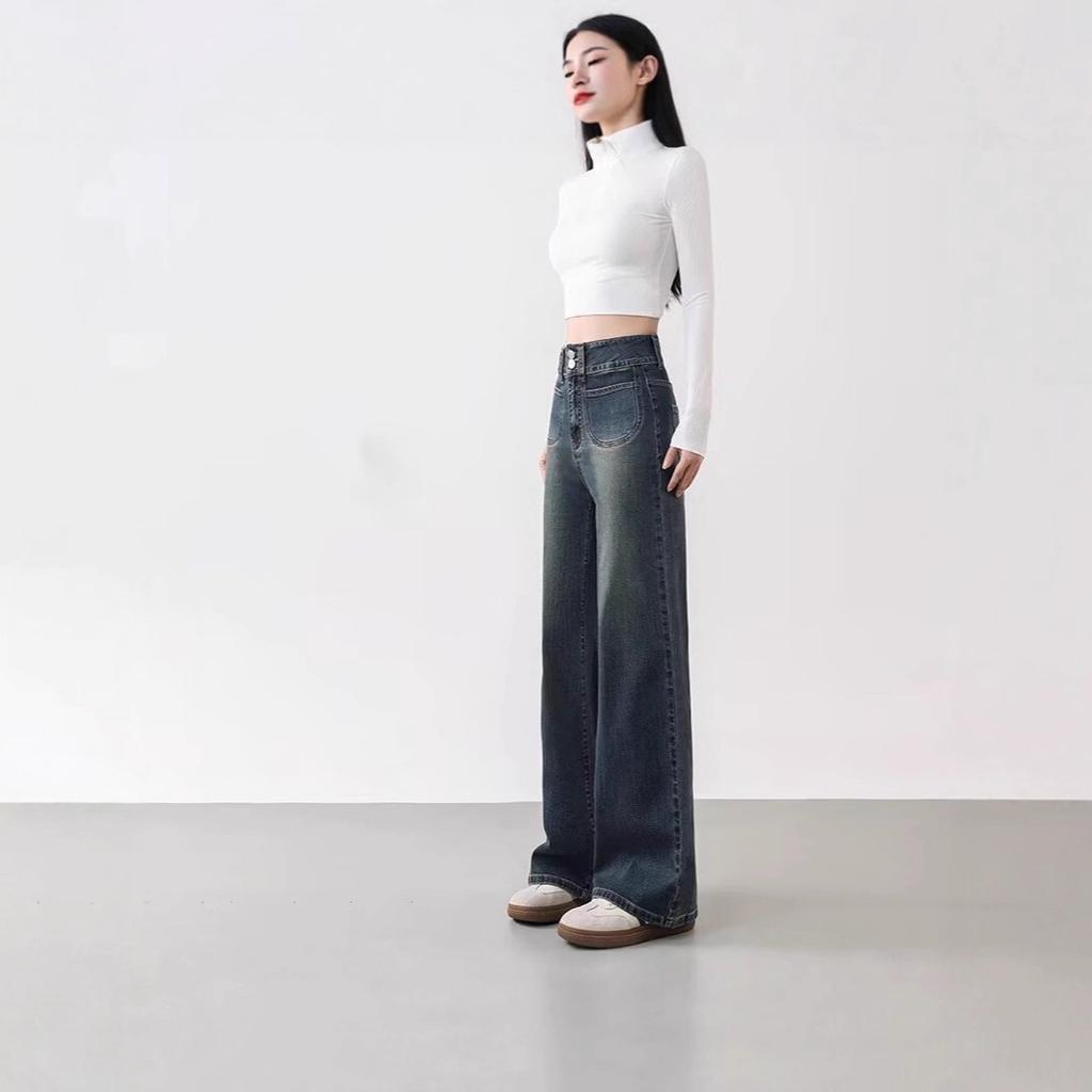 Retro blue straight-leg jeans for women, new high-waisted, large-size loose and thin pear-shaped wide-leg straight-leg pants.
