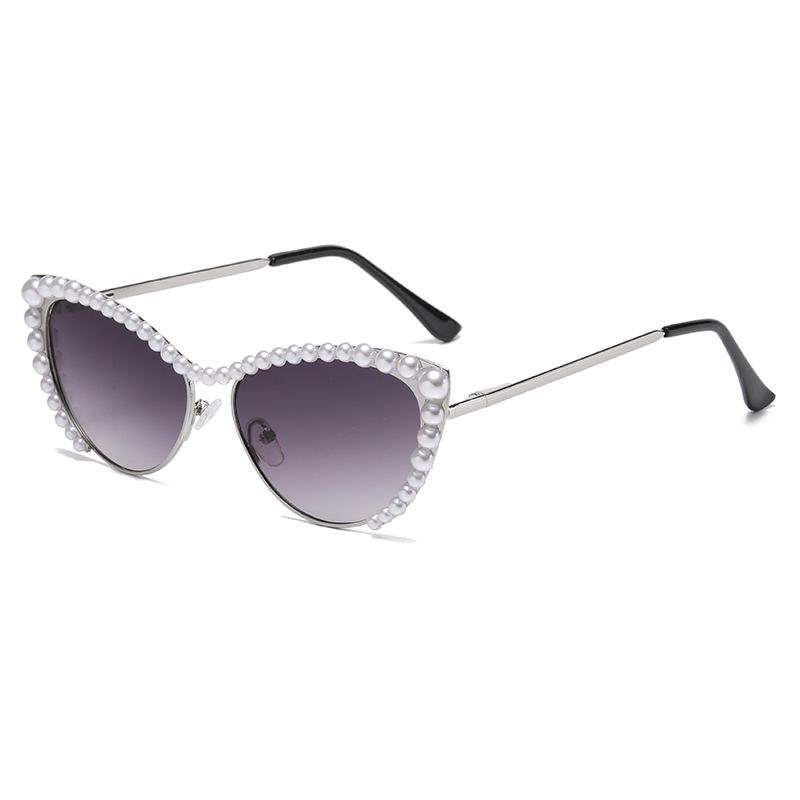 Diamond-Set Pearl Cat'S Eye Large Frame Sunglasses Women'S Metal Frame Sunglasses Glasses