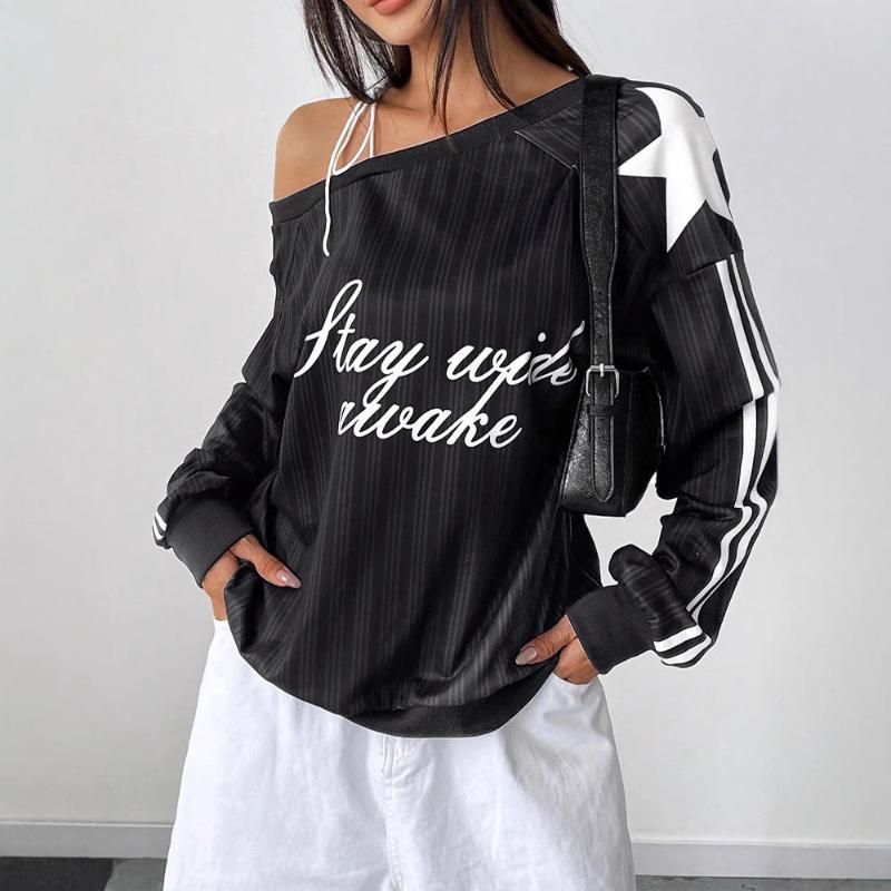 European and American Y2K sloping shoulder strap long sleeved women's autumn sports style spicy girl slimming off off shoulder top