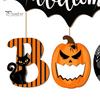 Spooky Home Entrance Sign Halloween BOO Door Sign, Bat Welcome Hanging Wooden Ghost Pumpkin Gift for Friends Black Cat Hanger Ornaments Front