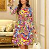 Women Long Sleeve Round Neck Midi Dress Boho Paisley Dot Floral Print Flared Casual Dress