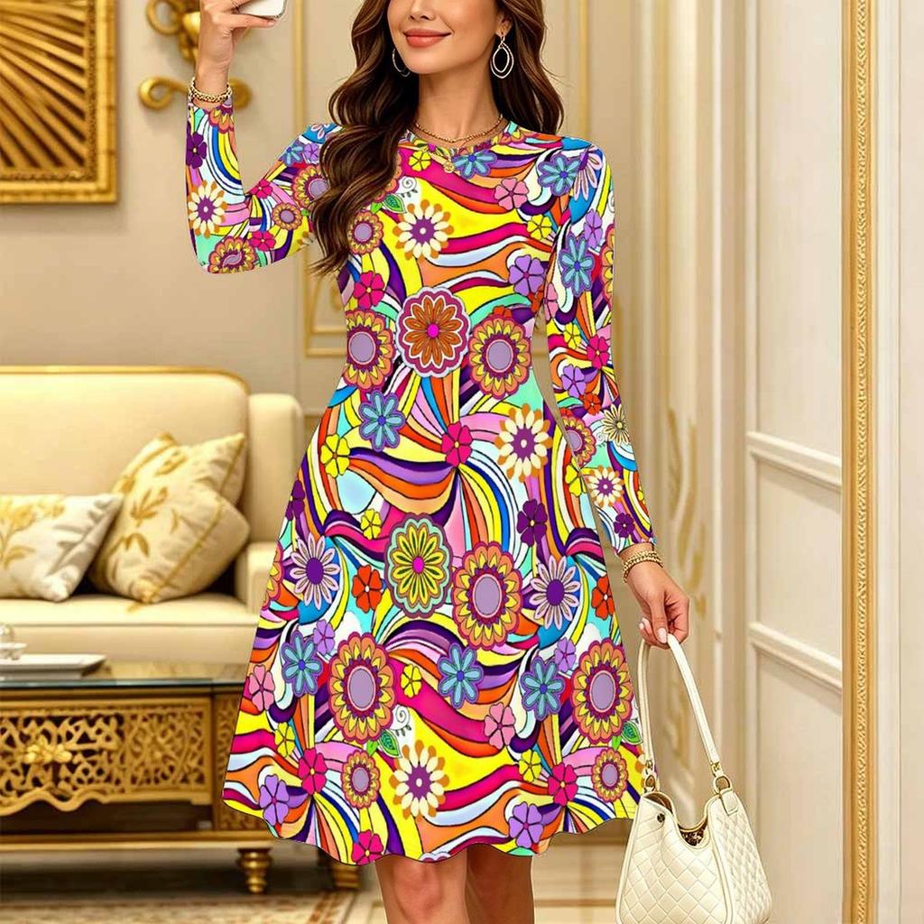 Women Long Sleeve Round Neck Midi Dress Boho Paisley Dot Floral Print Flared Casual Dress