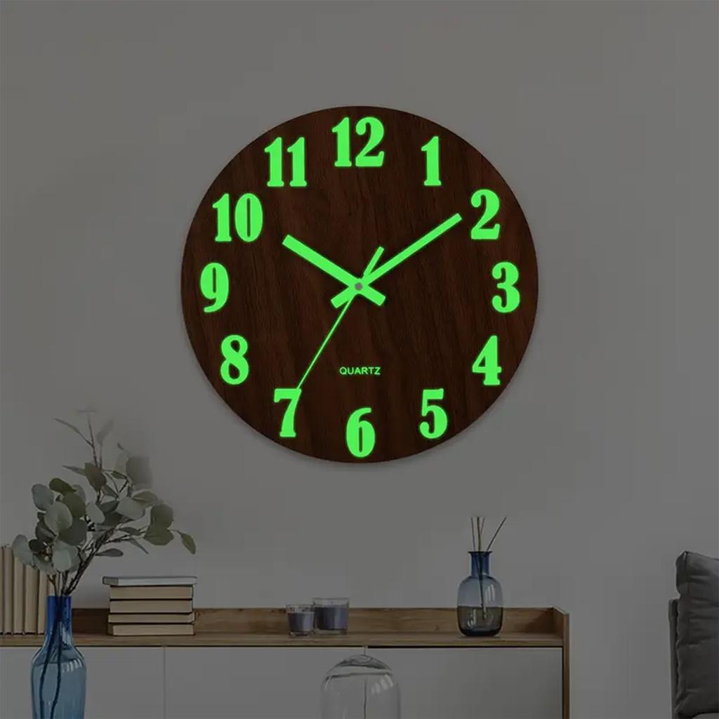 12 Inch Wooden Wall Clock Round Glow-in-The-Dark Silent Clocks Luminous Wall Clock for Living Room Bedroom Office Study Decors