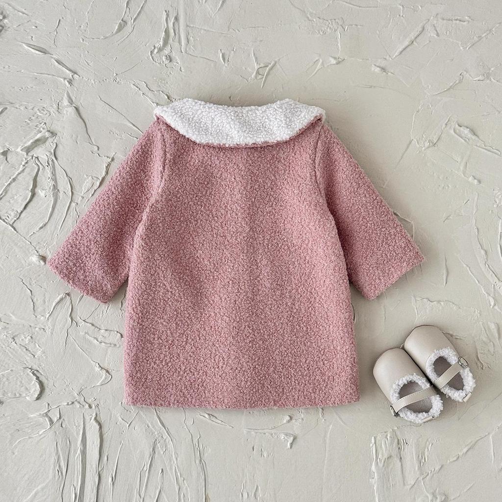 2025 New: Toddler French Chic Pink Wool Coat with White Fur Collar