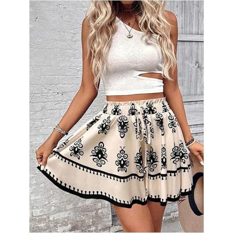 Fashion Summer Bohemian Vacation Women's Wide Leg Shorts High Waisted Casual Loose Female Shorts Printed Vintage Women's Beach Pants New