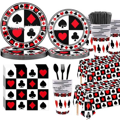 Poker Night Casino Theme Disposable Party Set: Paper Plates, Cutlery, Tablecloth, Napkins, and Decorations Supplies.