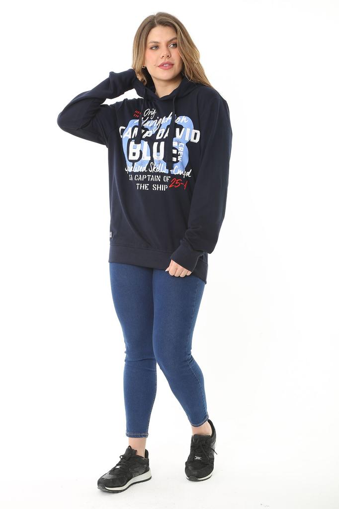 Women's Style Big Size Sweatshirt Large Size Blue Two Thread Front Printed Hooded Sweatshirt