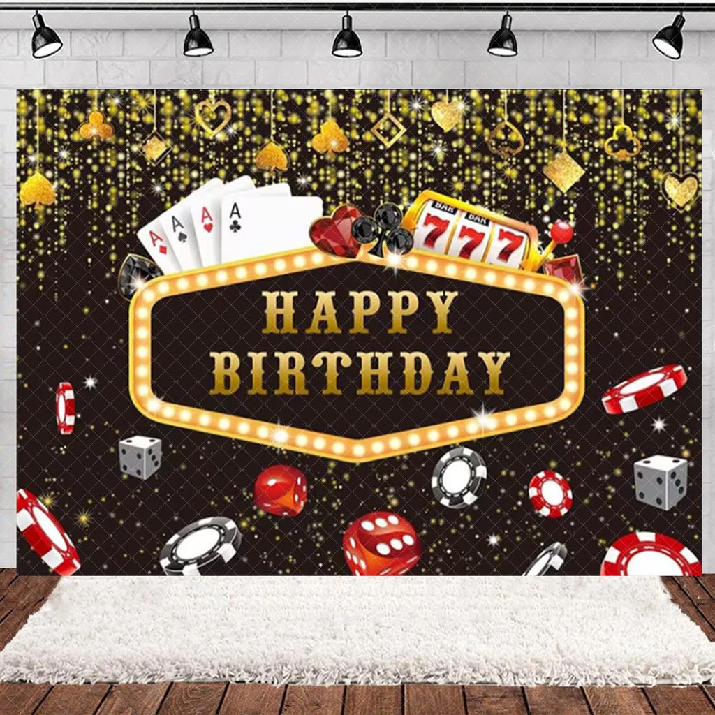 Casino Poker Chips Theme Birthday Party Decorations Playing Cards Money Golden Glitters Red Curtain BalloonS Cake Topper Banner