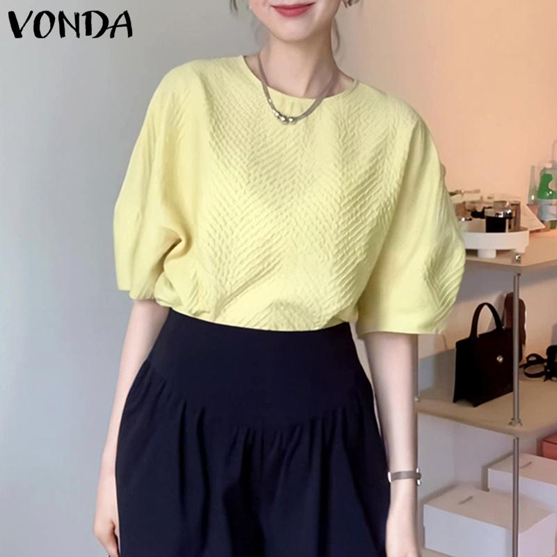 

VONDA Летние женские однотонные топы с круглым вырезом и пышными рукавами