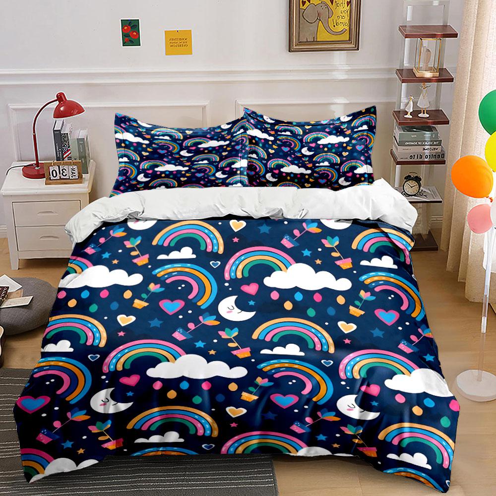 Dreamy Rainbow and Moon Pattern Bedding Duvet Cover Set (1*Duvet Cover 2*Pillowcases, Without Duvet Insert)