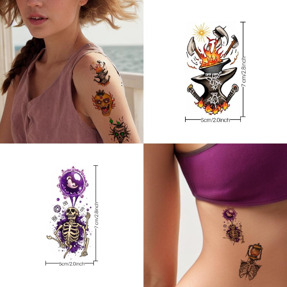 28pcs Temporary Tattoo Waterproof Long-lasting Body Stickers Devil With Bow Sword With Rose Lighthouse For Women Adults