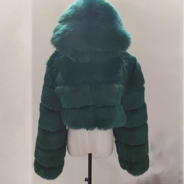 Chlupaté Zkrácené Bundy z Umělé Kožešiny Dámské Nadýchaný Vrchní Kabát s Kapucí Rovný Krátká Zimní Kožešinová Bunda Módní Streetwear