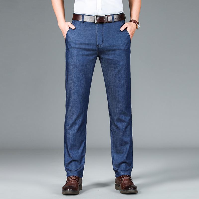 

Мужские легкие джинсы из ледяного шелка Tencel с высокой посадкой для лета 33 темно-синий