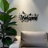 Modern Welcome Sign Metal Wall Art Elegant Cursive Iron with Leaves Openwork Design Black Horizontal Outdoor Durable Home Entrance Decoration Gift