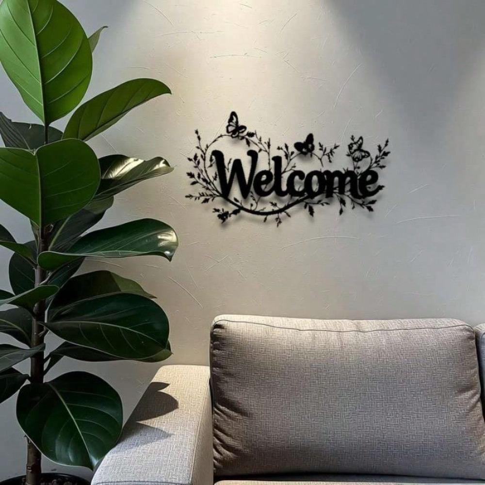Modern Welcome Sign Metal Wall Art Elegant Cursive Iron with Leaves Openwork Design Black Horizontal Outdoor Durable Home Entrance Decoration Gift