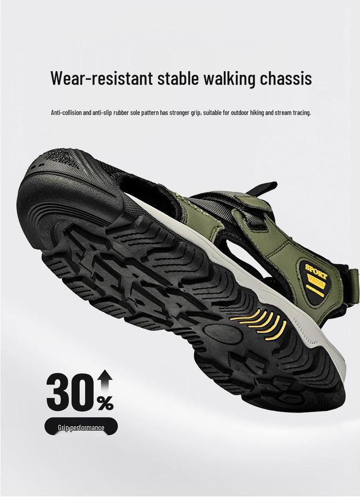 Men's Plus Size Breathable Mesh Beach Sandals, Non-Slip Outdoor Closed-Toe Velcro Shoes