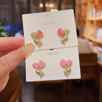 Charming Pink Oil-Drop Tulip Earrings with S925 Silver Posts
