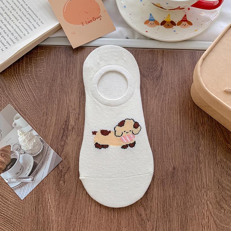 Spring and Summer Thin Socks, Female Cartoon Cute Little Animal Shallow Mouth Boat Socks, Silicone Anti-slip Invisible White Socks