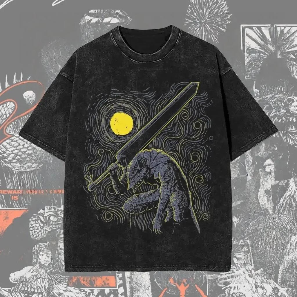 Berserk Skull Knight "Shadow of the World" Vintage Washed Oversized Black T-Shirt | Dark Fantasy Manga Fan Unisex Streetwear Tee