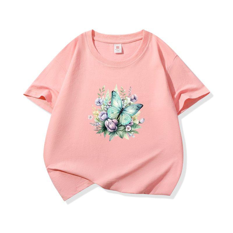 Kids Cotton T Shirt Mint Butterfly With Purple Flowers Print Crew Neck Short Sleeve Tee Casual Boys Girls Summer Tops