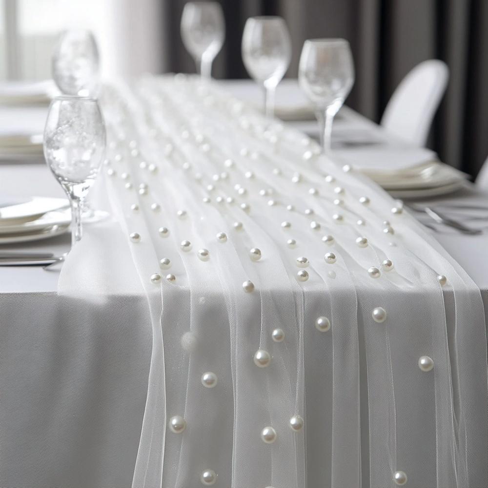 Pearl Chiffon Table Runner 3m Semi Transparent Gauze Mesh Table Cloth Fabric for Wedding Bridal Shower Party Dining Decoration