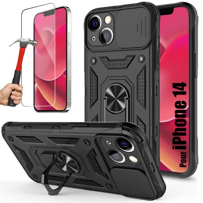 Coque pour iPhone 14 - Noir - Béquille pivotante 360° - 2 Verres Trempés - Protection caméra