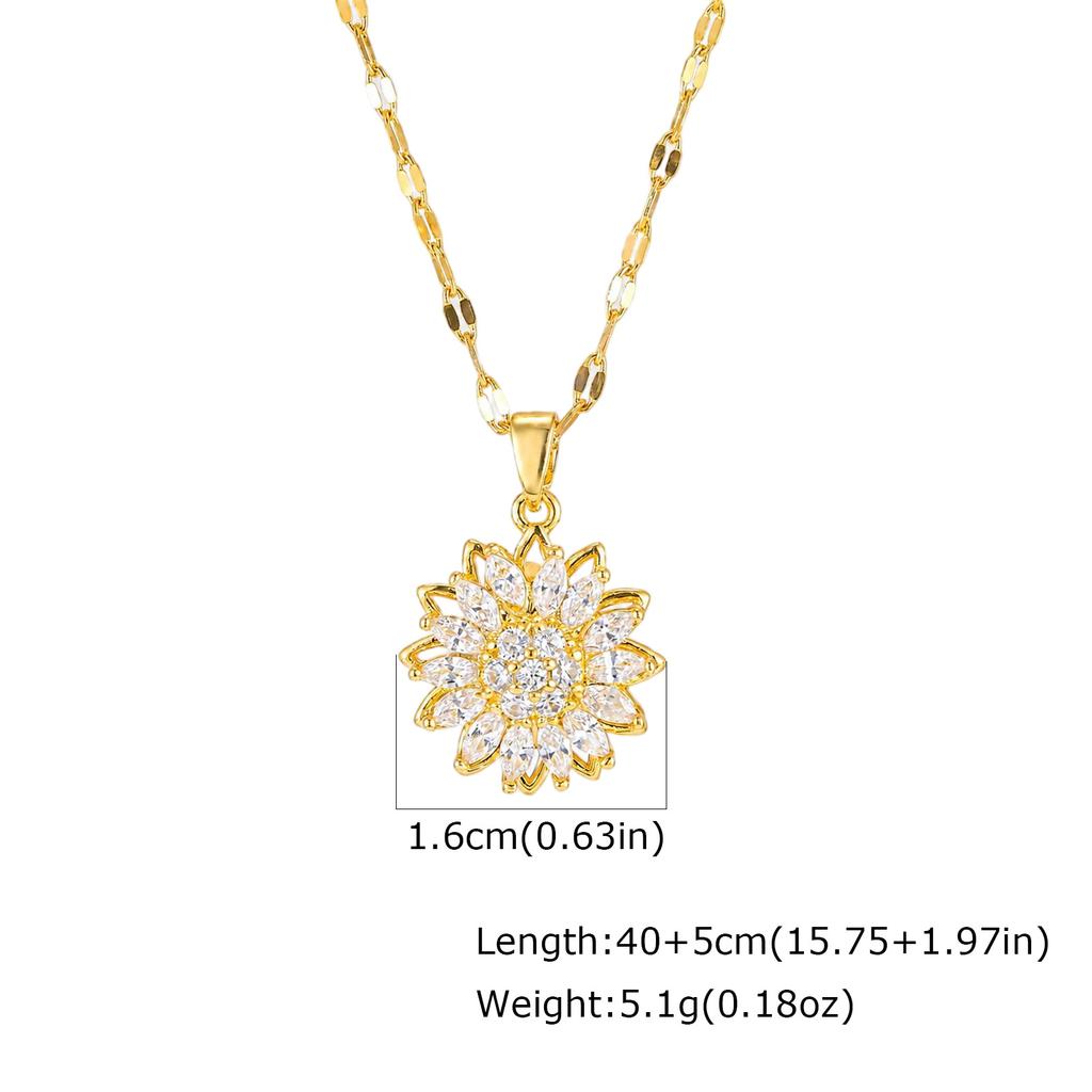 Spinnable CZ Sunflower Pendant Necklace for Women, Gold Plated Stainless Steel Lip Chain, Anti Anxiety Fidget Jewelry