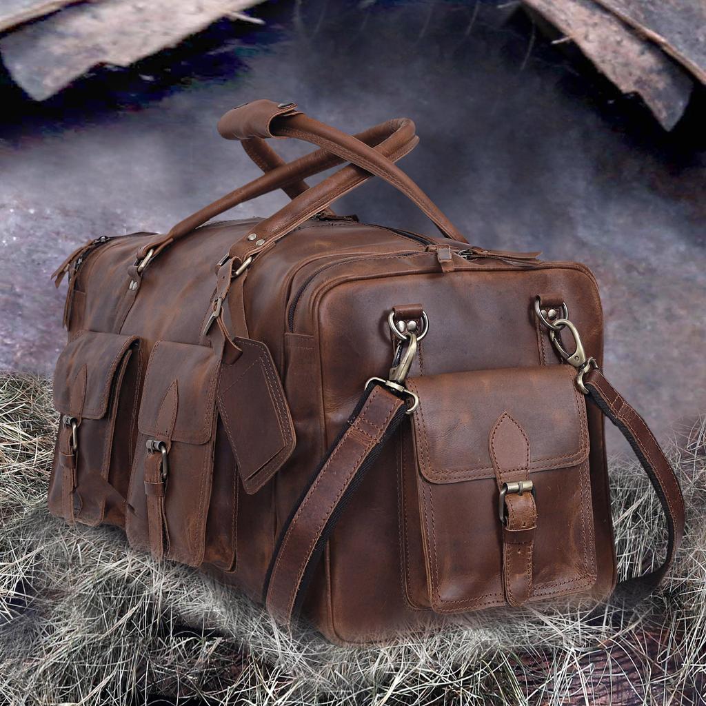 Handmade Top Grain Leather Duffle Bag: 24-inch Weekender Travel Bag